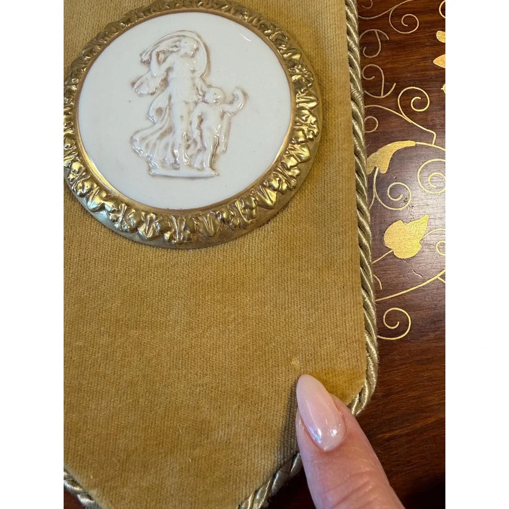 Vintage Italian Porcelain Cameo Wall Plaque • Brass Relief Velvet Wall Hanging